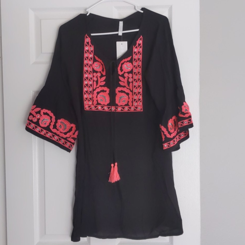 New La Moda embroidered split neck cover up